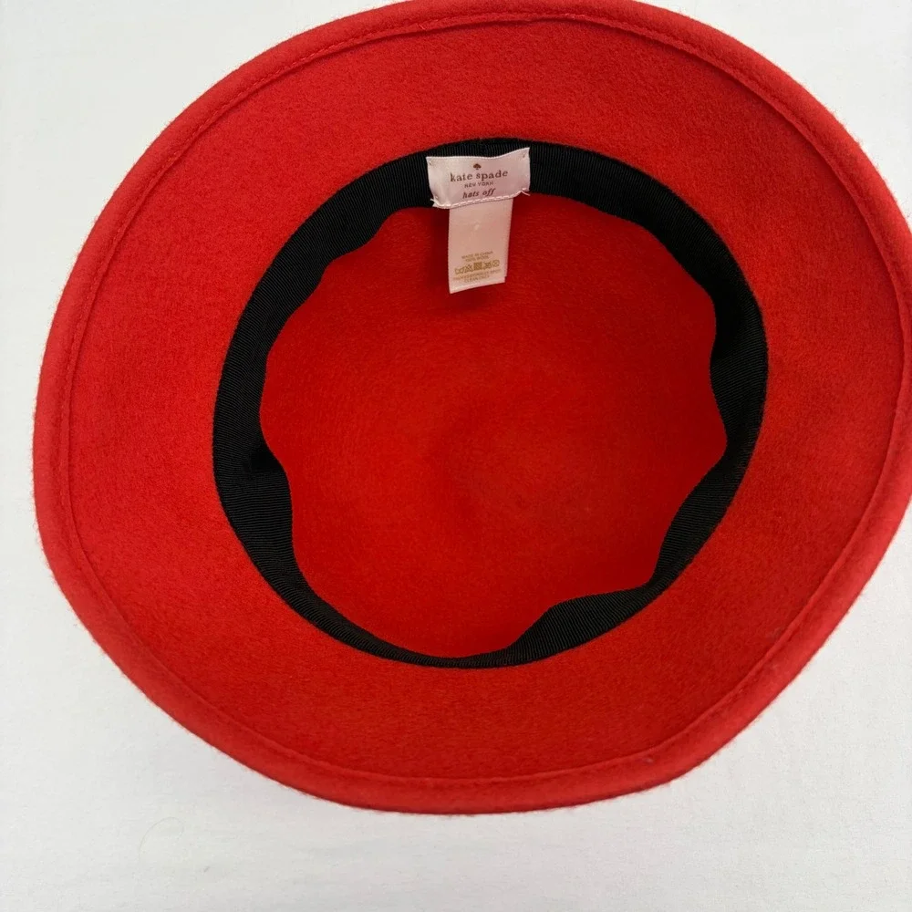 Kate Spade New York Wool Felt 1920s style Cloche Bucket Hat Red Bow
